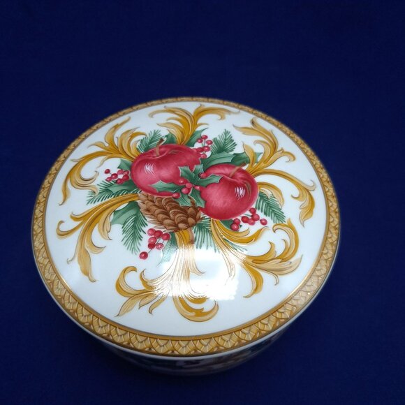 Mikasa Holiday Orchard Covered Candy Dish Trinket Box Christmas Gold Accents - Picture 8 of 13